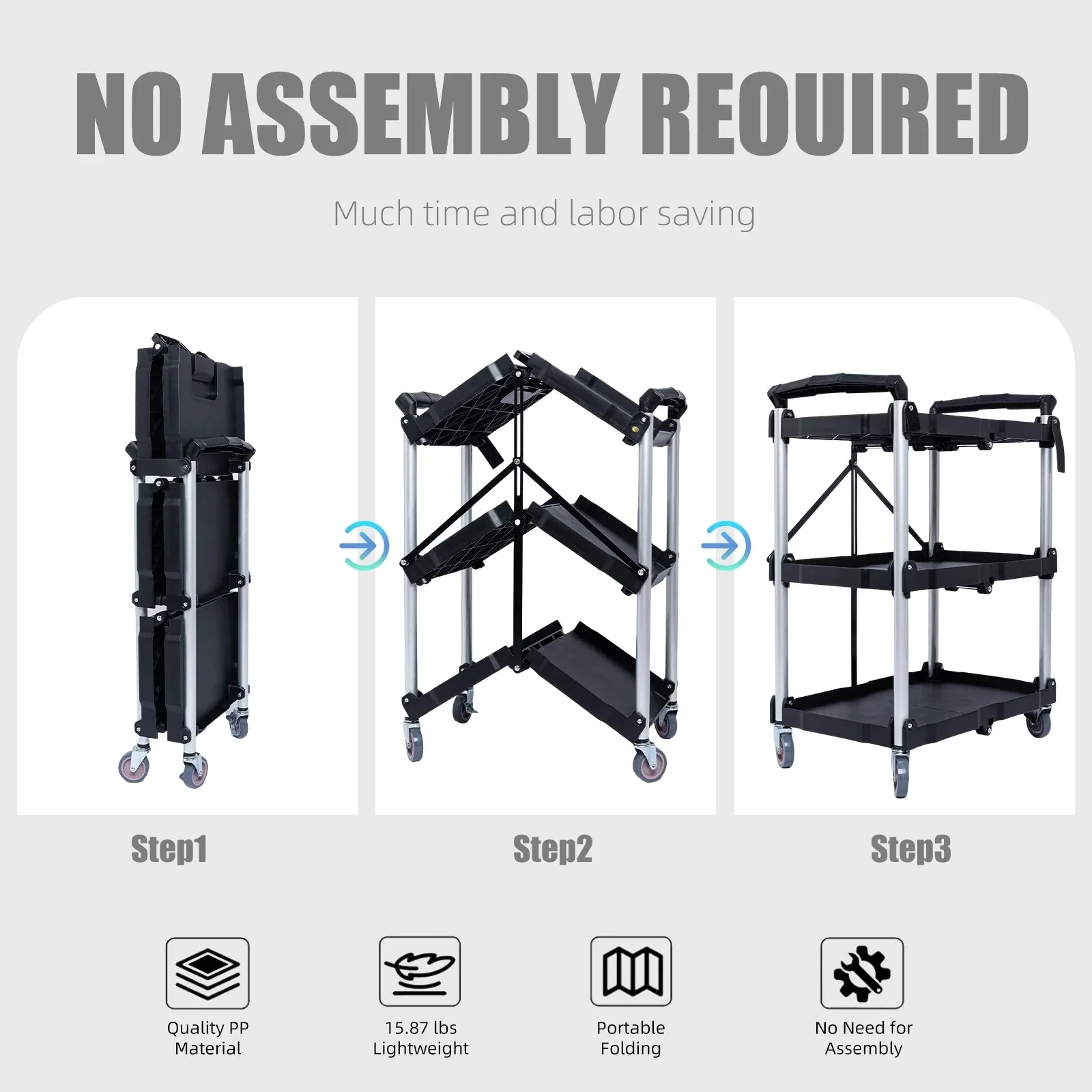 Foldable Service Carts with Wheels 3 Tier Portable Utility Rolling Tool Garage Cart Collapsible Storage Cart