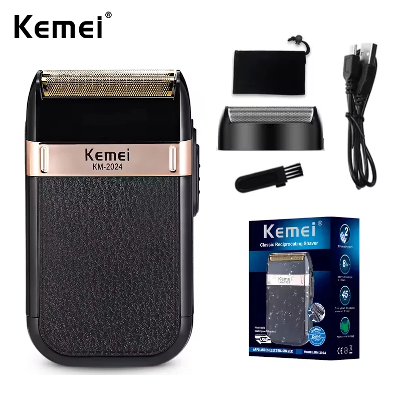 Kemei KM-2024 USB ชาร์จเครื่องโกนหนวดไฟฟ้าสําหรับผู้ชายลูกสูบ Twin Blade มีดโกนเครื่องโกนหนวด Beard Trimmer เครื่องโกนหนวด