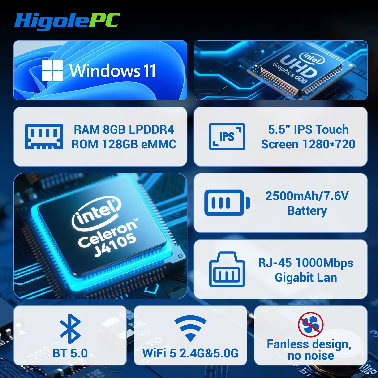 Higole Gole 1 Pro 5.5'' Fanless Mini PC Intel J4105 Windows 11 WiFi5 8G 128G 2500mAh with Screen Laptop Desktop PC Mini Computer