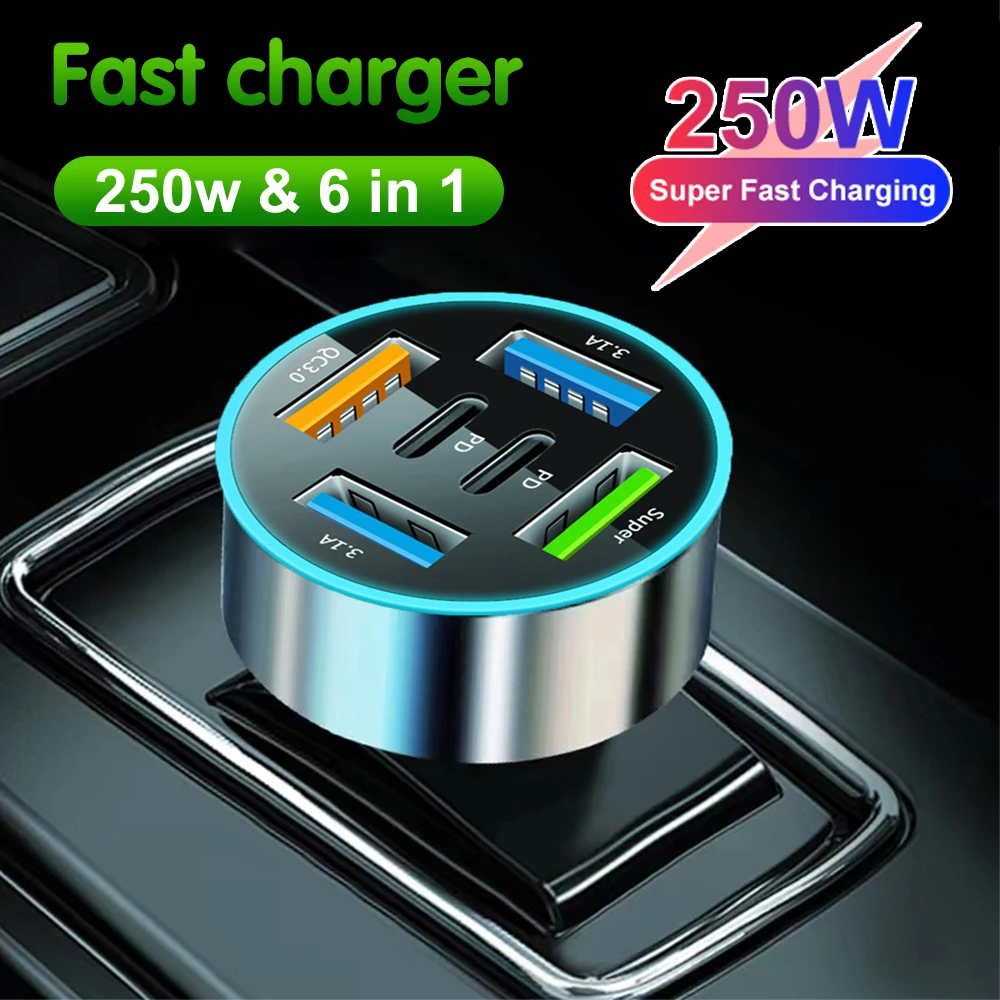 250 W 5 Poorten Autolader Snel Opladen PD QC3.0 USB C Auto Telefoon Oplader Adapter Met Spanning Voor iPhone Samsung Huawei Xiaomi