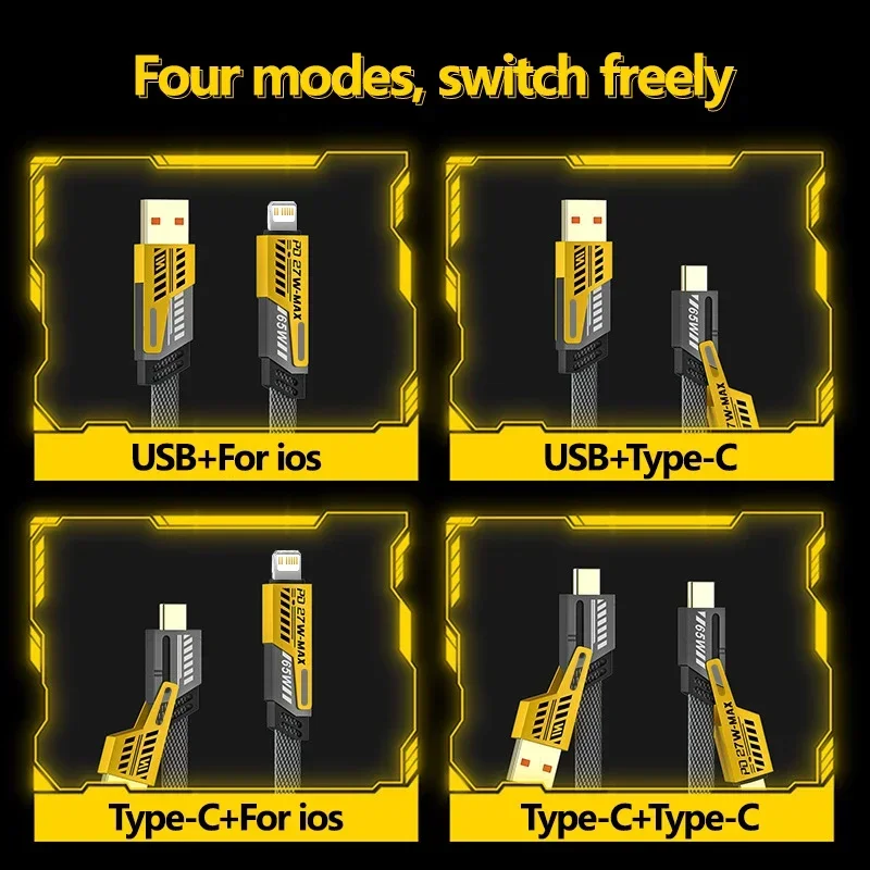 4 in 1 Mecha Fast Charging Data Cable Cord PD 27W For iPhone 15 Samsung Xiaomi 65W USB Type C Multi Port Quick Charge Wire Line