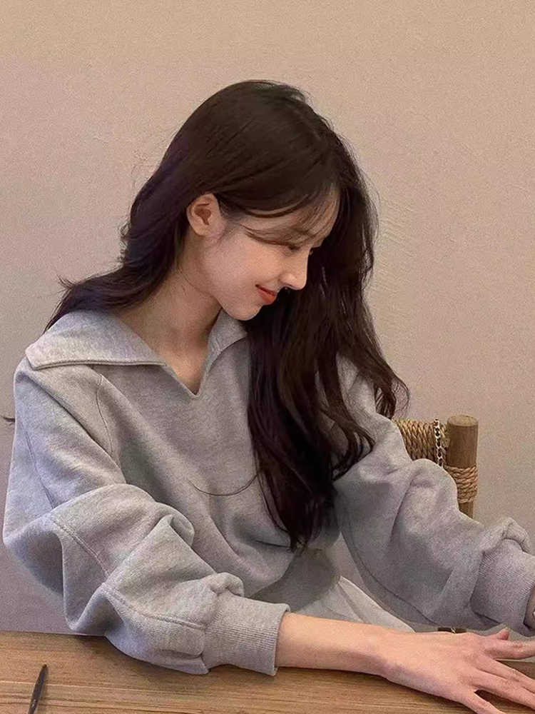 Chic Autumnal Loose Fit Short Sleeve Long Sleeve Hoodie Women's Pure Color Turn-down Collar Soft Versatile Comfortable Sweats...