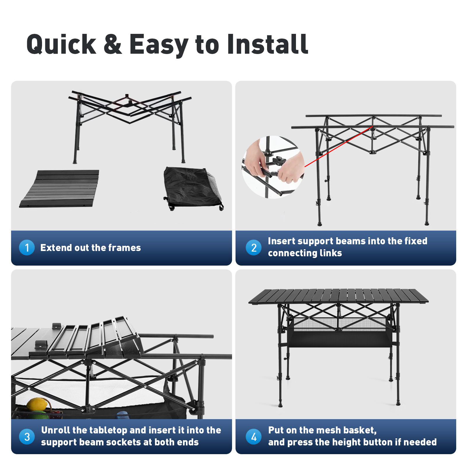 Portable Aluminum Camping Table with Under-Table Storage Organizer for Outdoor Activities, Picnics, Barbecues, Parties