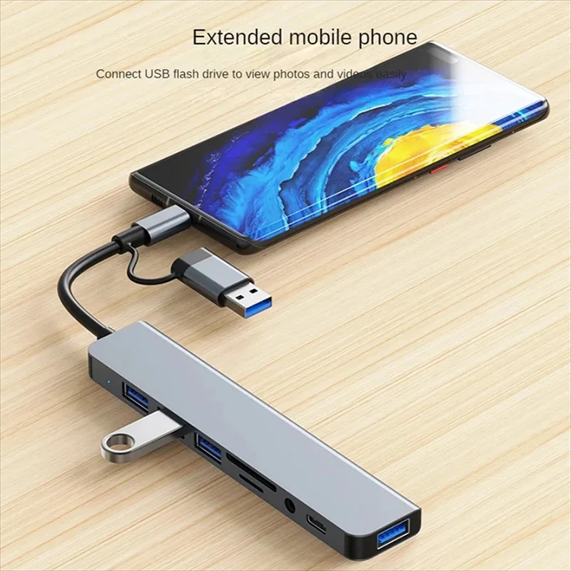 USB C Hub USB Splitter Extensor USB 8 en 1 con 4 puertos USB 1 puerto USBC Lector de tarjetas TF/SD Salida de audio Compatible con MacBook