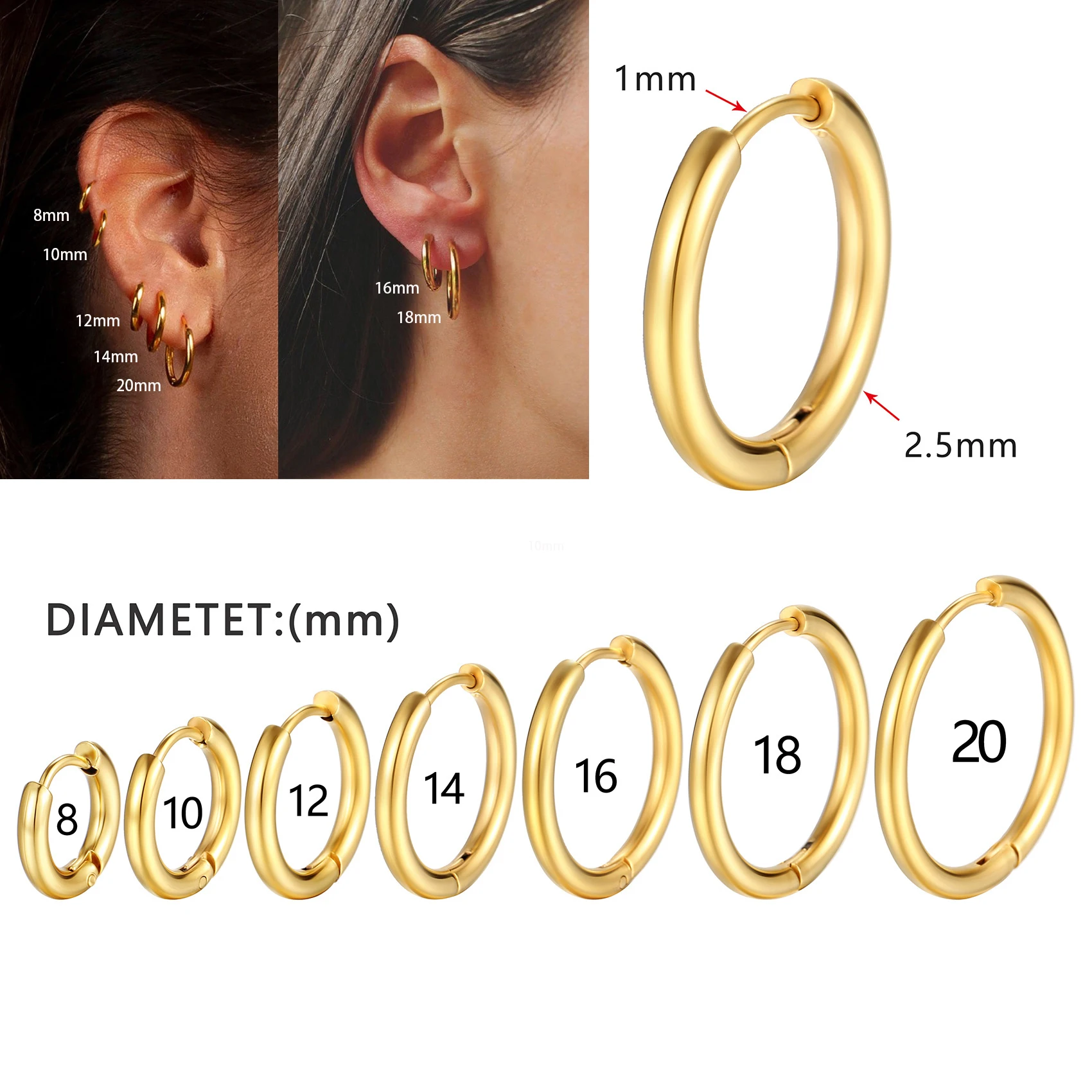 Pendientes de aro pequeños para Mujer y hombre, aretes redondos de acero inoxidable, Color dorado y plateado, antialérgico, 1 par/2 uds.