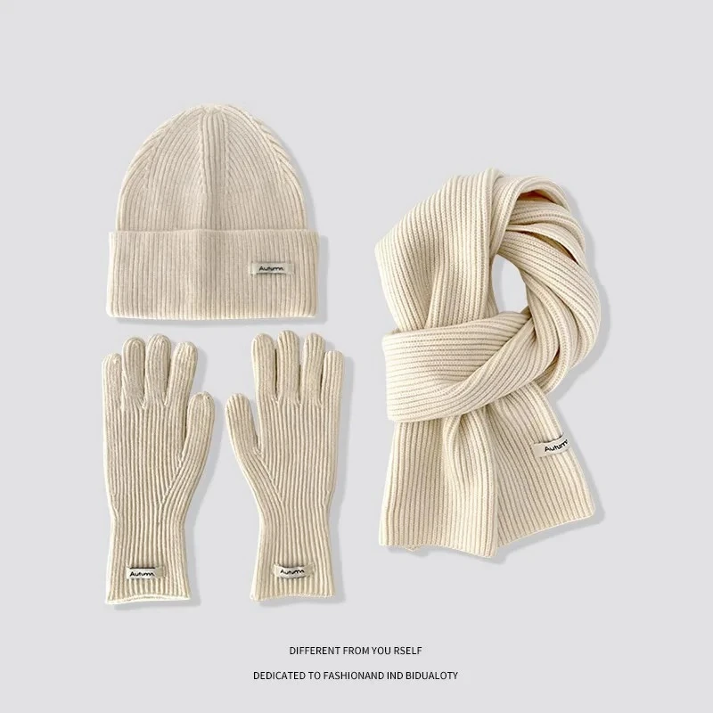 Gorros coreanos de moda de Color sólido para mujer, gorro de punto cálido para invierno, bufanda, guantes, conjunto de tres piezas a prueba de viento para adultos, bufandas