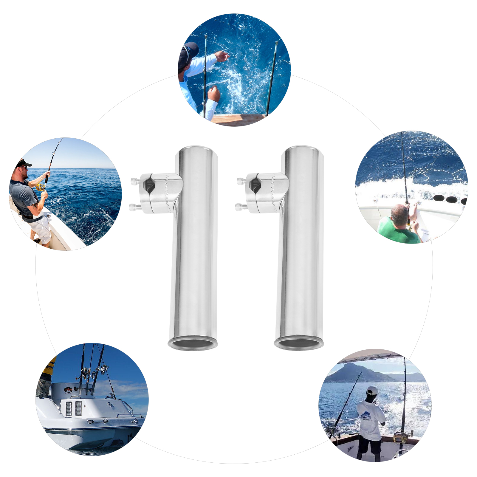 2 Stück Edelstahl-Angelrutenhalter für Fischerboote. Für Schienen von 19 mm (3/4 ") bis 25 mm (1") Durchmesser.