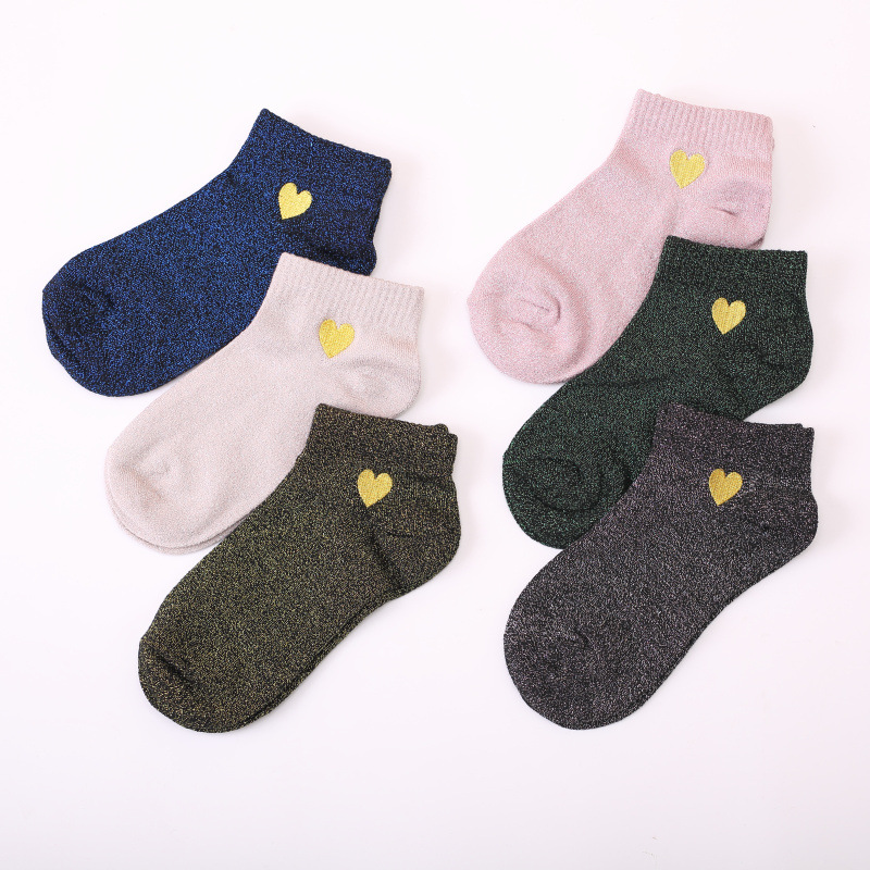 Calcetines bordados con purpurina de corazón de amor para mujer, calcetines brillantes, dorados, plateados, coloridos, brillantes, a la moda, divertidos