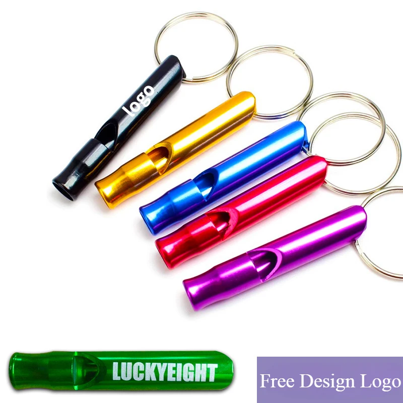 Silbatos de emergencia de aluminio con logotipo personalizado, 100 Uds., con llavero para acampar, senderismo, caza, deportes y situaciones de emergencia