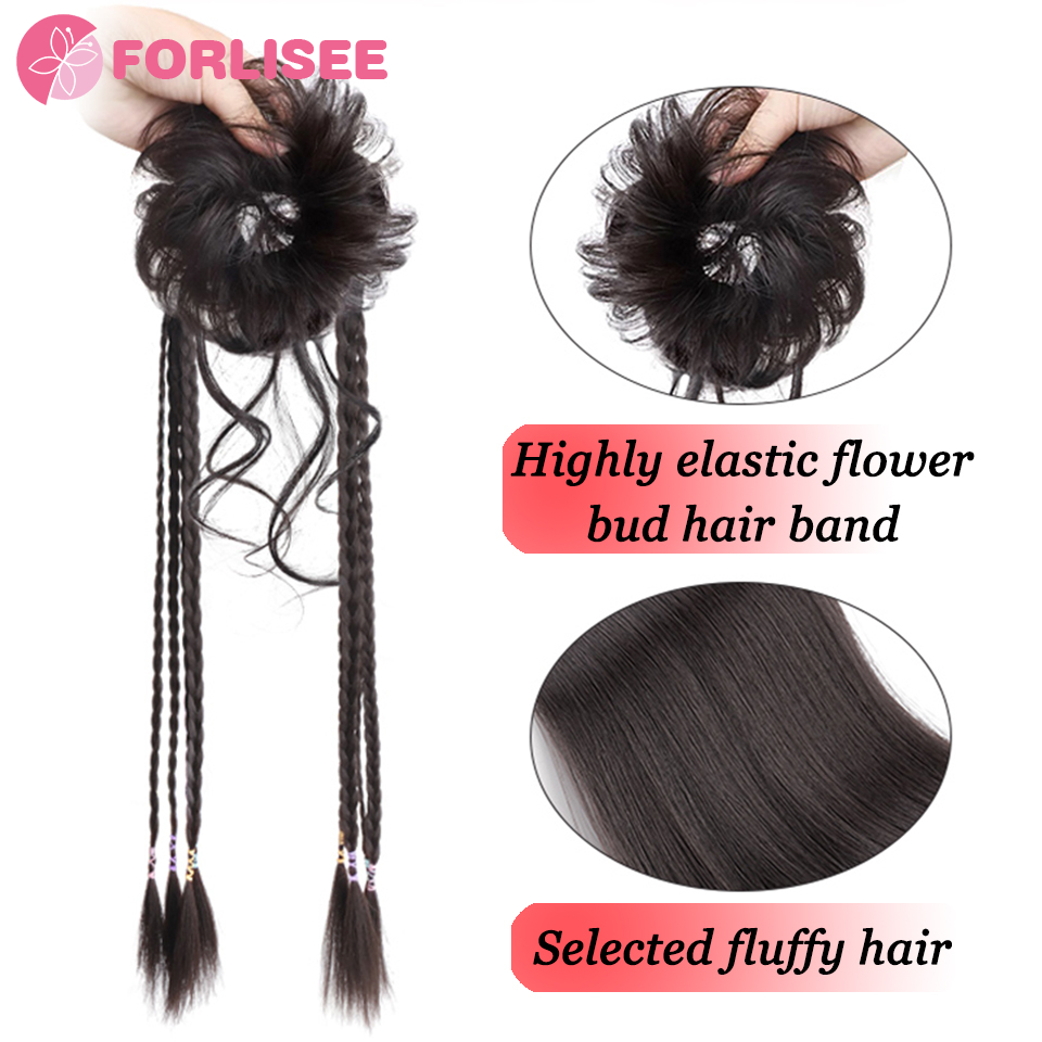 Forlisee-編み込みのボールヘッド,合成,ふわふわ,天然の花のつぼみ,ドラゴンのあごひげ,ハーフタイ,ボクシングの三つ編み