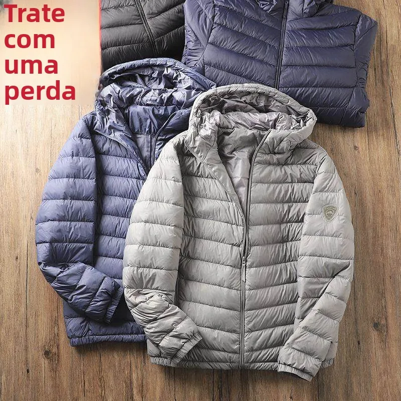 Jaqueta Casual Masculina Leve com Capuz, Casaco Curto de Cor Pura, Aquecido, Com Enchimento de Aodão, Moda Slim Fit para Pr...