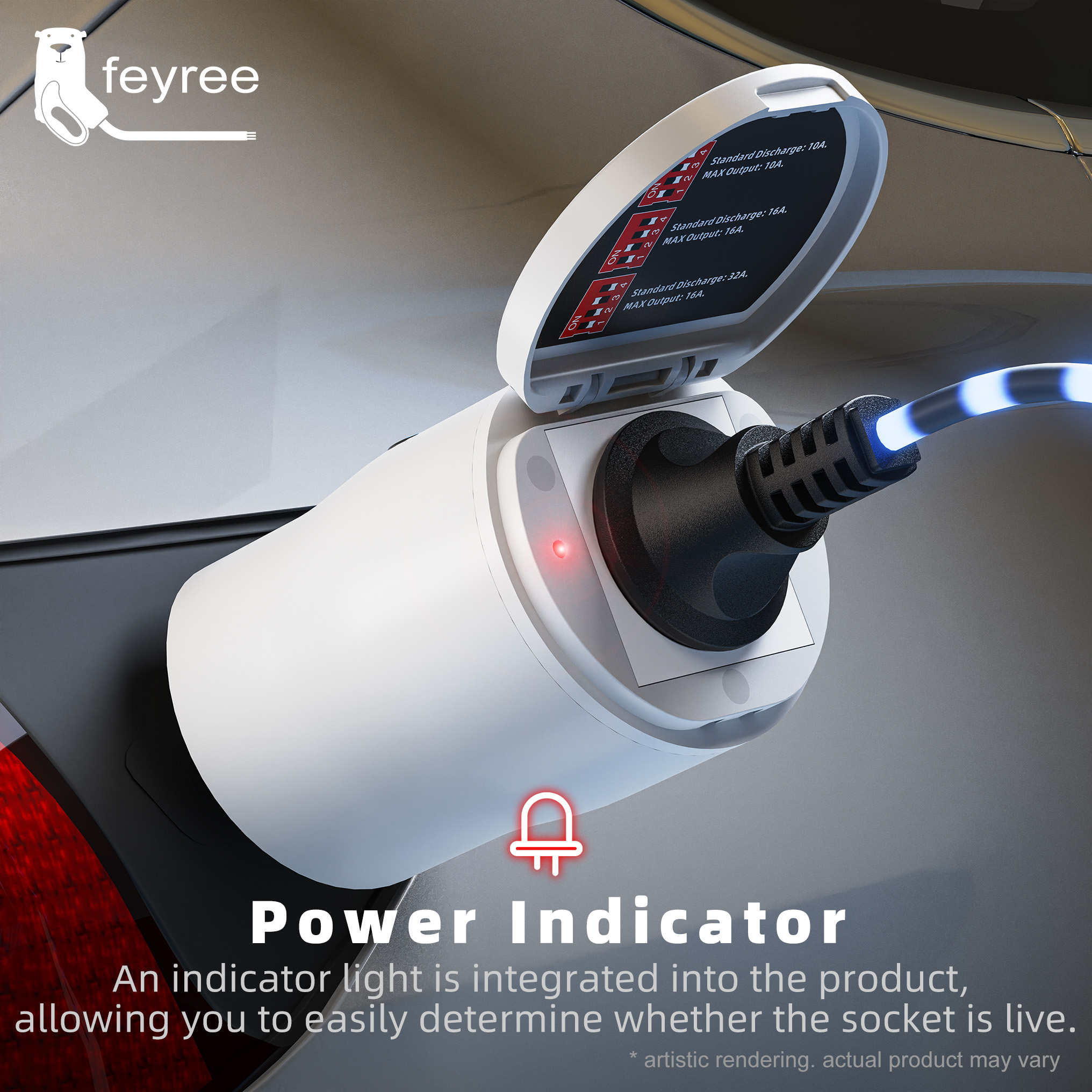 Adaptador de descarga EV feyree GB/T com proteção contra temperatura e luz elétrica - interruptor ajustável para carros chineses EV V2L para uso em acampamento