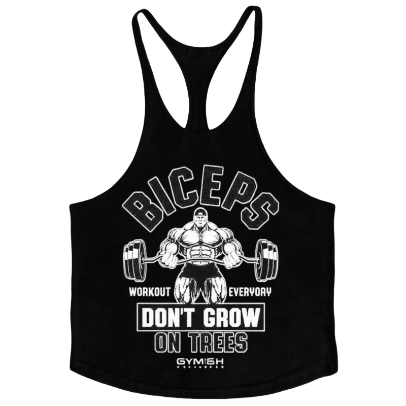 Y-Back Gym Stringer Tank voor heren - "Biceps Don't Grow on Trees" Print, Katoen, Ideaal voor armtrainingen en bodybuilding