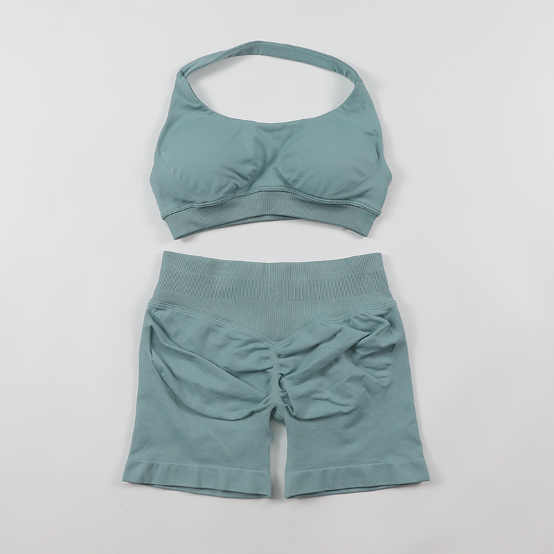 Conjuntos de pantalones cortos de impacto, conjunto de Yoga sin costuras para mujer, 2 uds., Sujetador deportivo con cuello Halter, pantalones cortos de gimnasio con fruncido en la parte de atrás, ropa de entrenamiento, ropa deportiva de verano