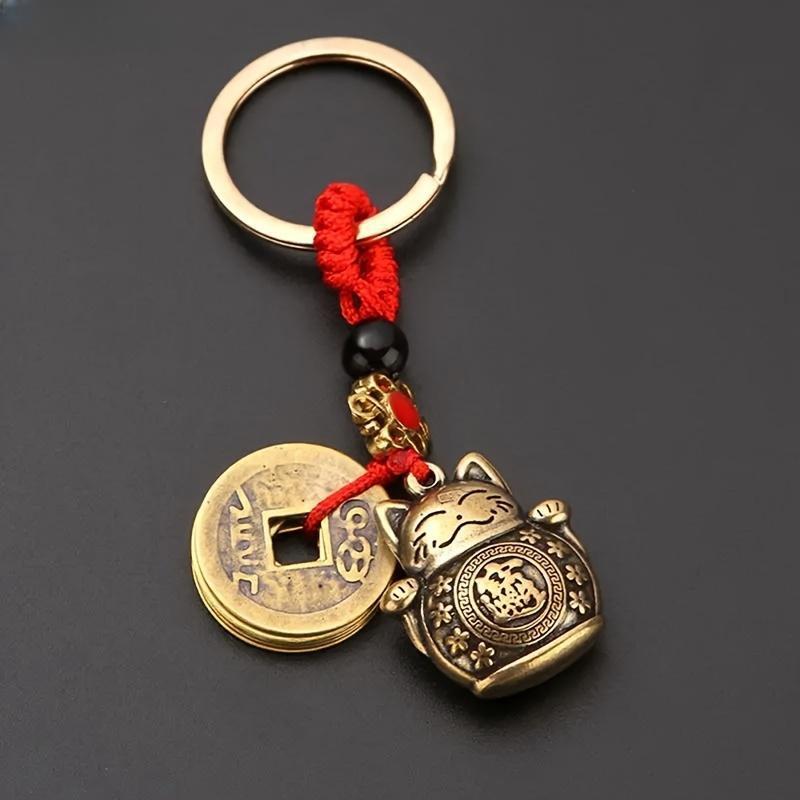 1Pc Vintage Pure Handmade Lucky Cat Car Keychain Lucky Cat Five Emperors Money Keychain Feng Shui Coins Solid Lucky Key