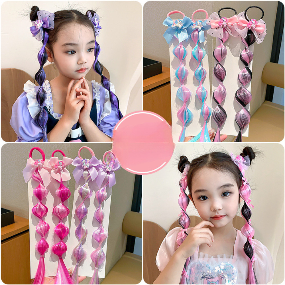 40cm pequeno pônei gradiente colorido bolha tranças peruca crianças menina bowknot fita corda de cabelo extensão do cabelo