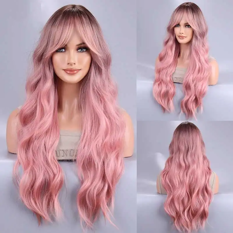 Onda longa do corpo ombre preto rosa cosplay perucas sintéticas resistentes ao calor parte média natural lolita perucas para mulher