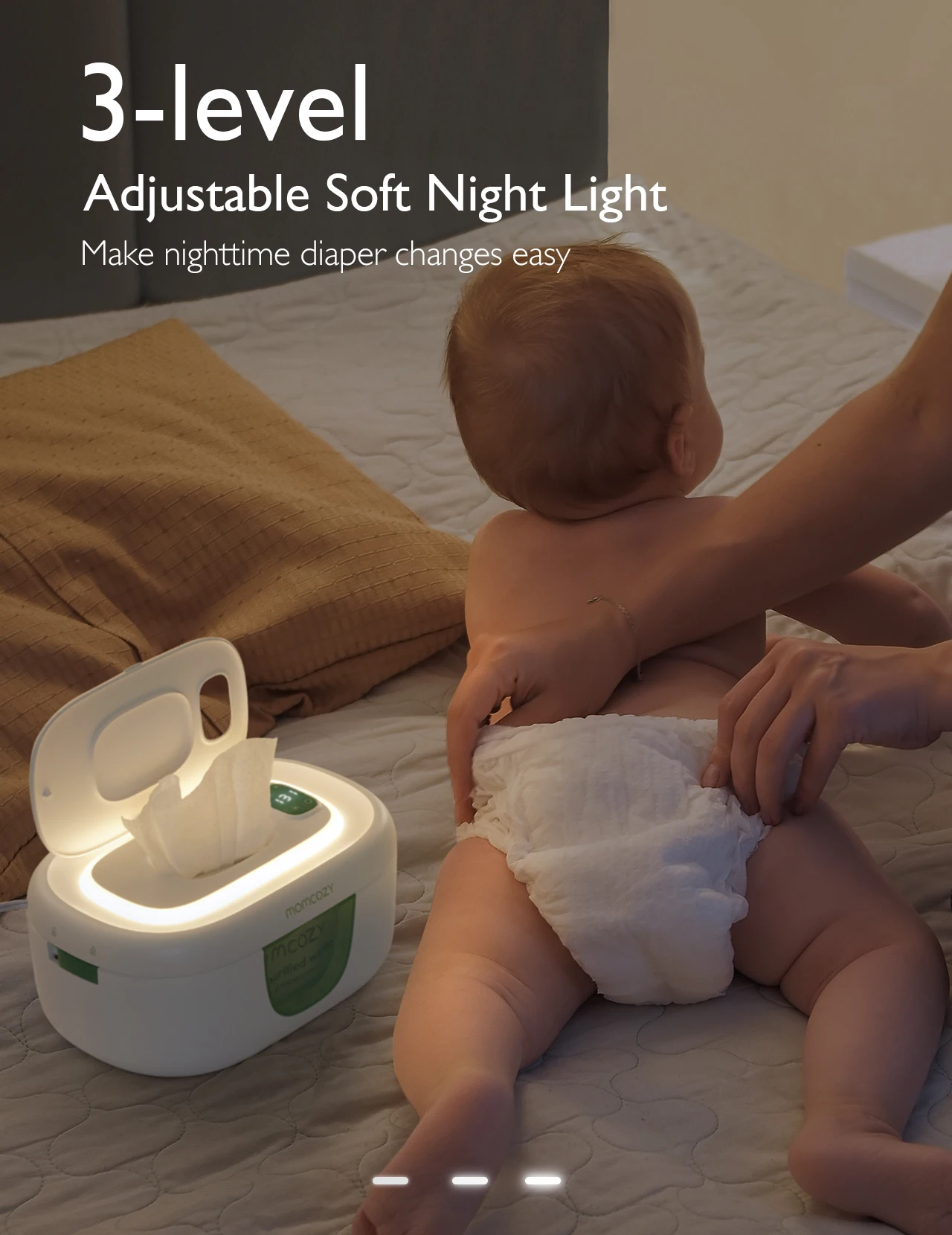 Aquecedor de lenços umedecidos Momcozy, grande capacidade, aquecimento rápido e uniforme, 4 modos de controle de aquecimento de temperatura, com luz noturna
