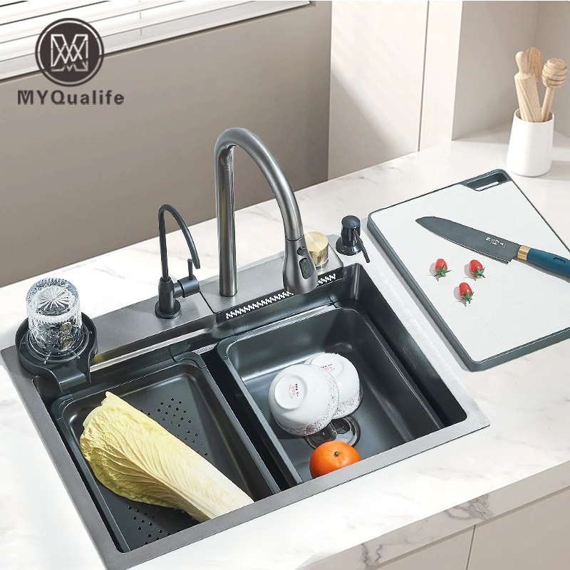 Pia de cozinha cascata de aço inoxidável 304, grande slot único integrado, 60x45cm, conjunto de torneira, dispensador de sabão/água pura/arruela de copo