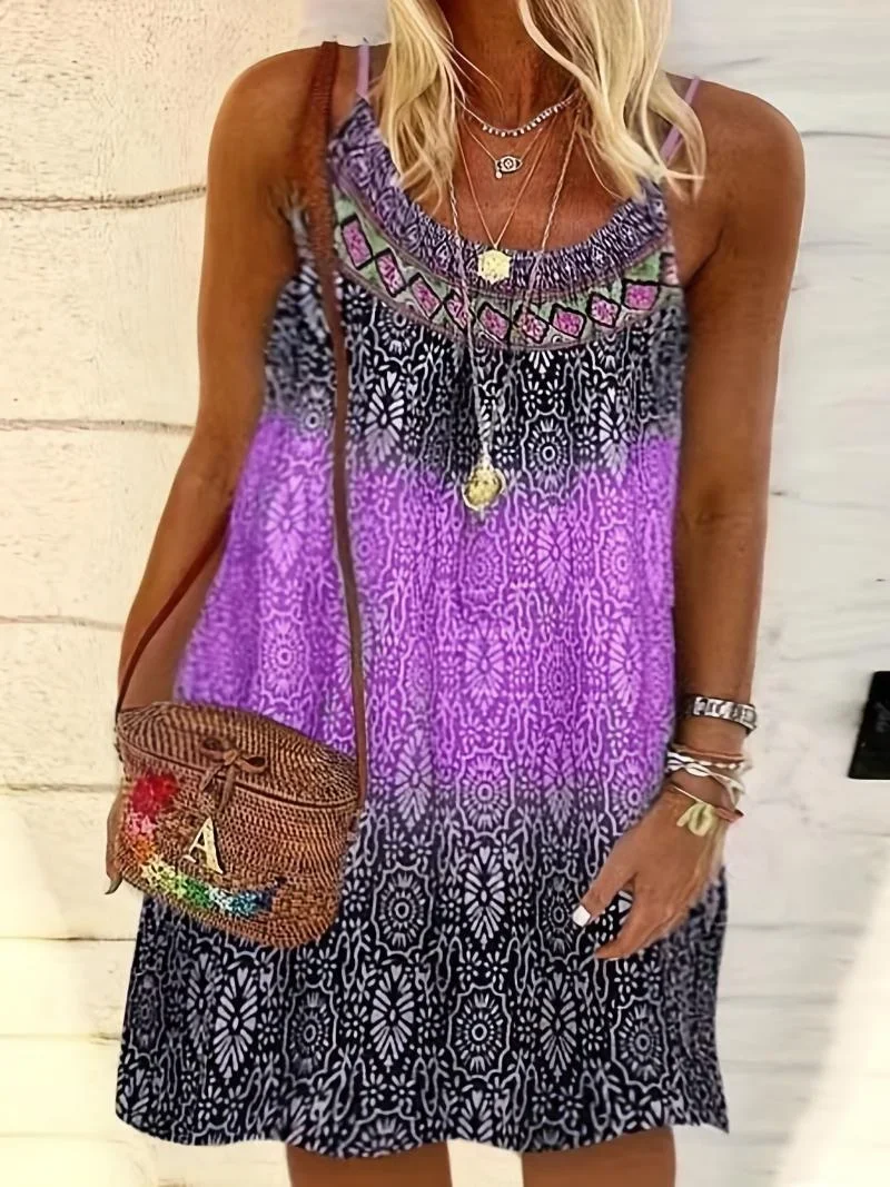 Zomermode Dames Plus Maat 1xl-6xl Dames Vintage Print Casual Strandjurk Spaghetti Bandjes Losse Jurk Boho Jurk Gewaad