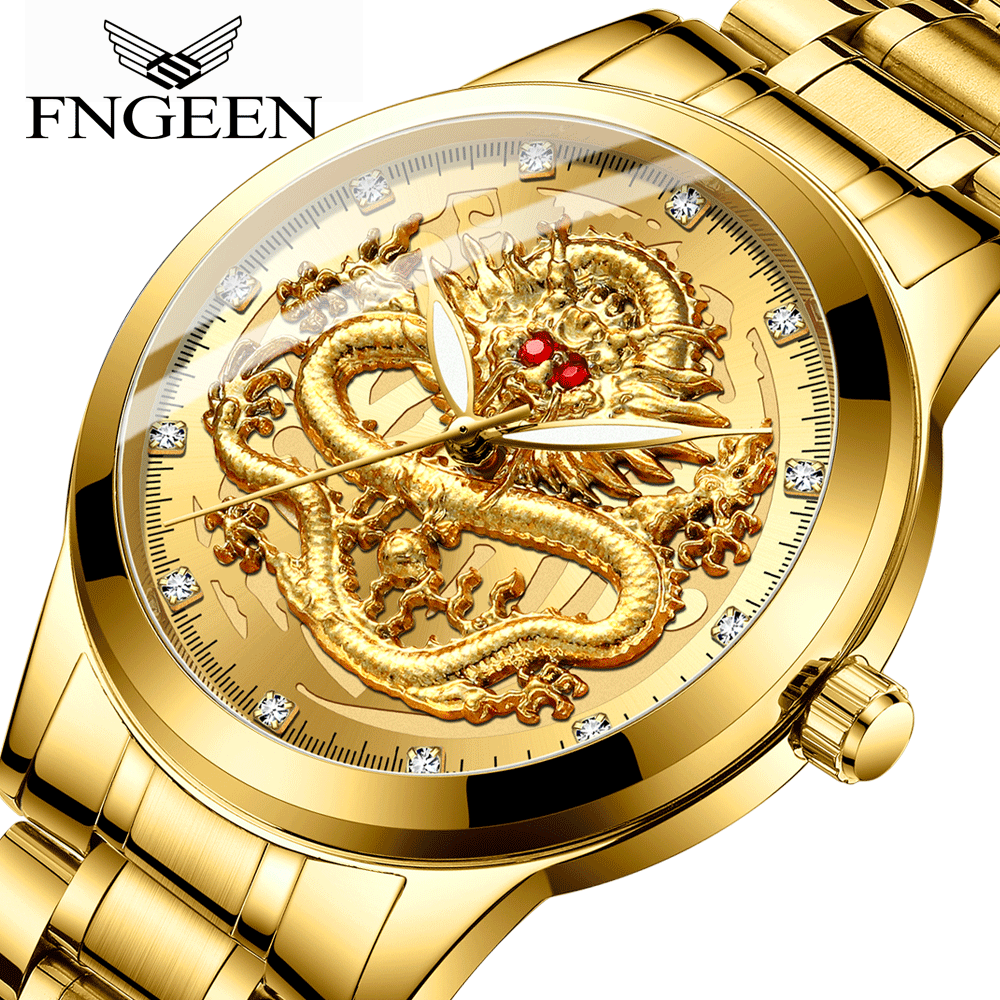 FNGEEN คู่หรูหราทองนาฬิกา Big Dial Dragon Phoenix กันน้ําผู้ชายผู้หญิงส่องสว่างปฏิทินวันที่รอบนาฬิกาควอตซ์