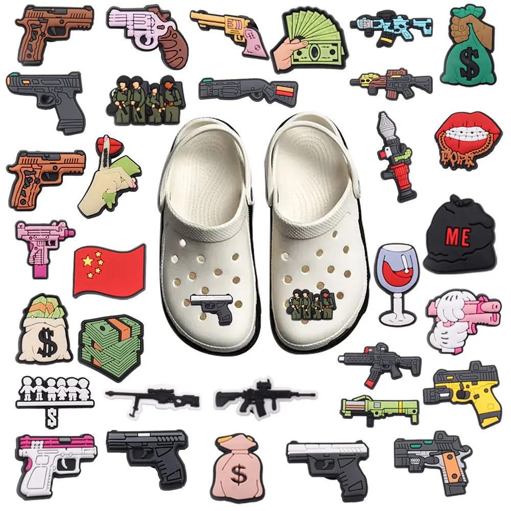 Recién llegado, 1 Uds., pistola de PVC, dinero, vino, bandera, dijes para zapatos, decoraciones con hebilla para hombre, aptos para regalos de vacaciones
