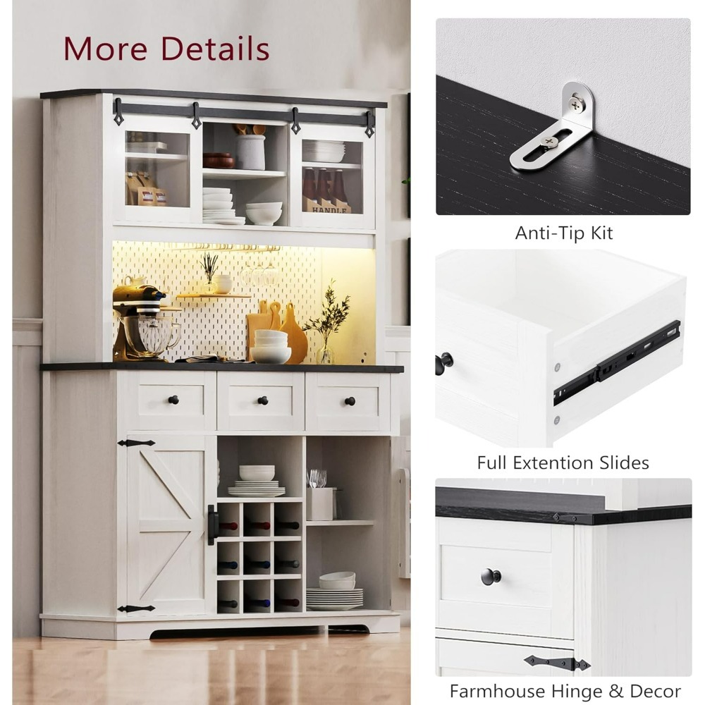 71" Farmhosue Pantry Bar Cabinet with Internal Storage Rack, Power Outlet, 3 Drawers, Rustic Coffee Bar Storage Kitchen Cabinet