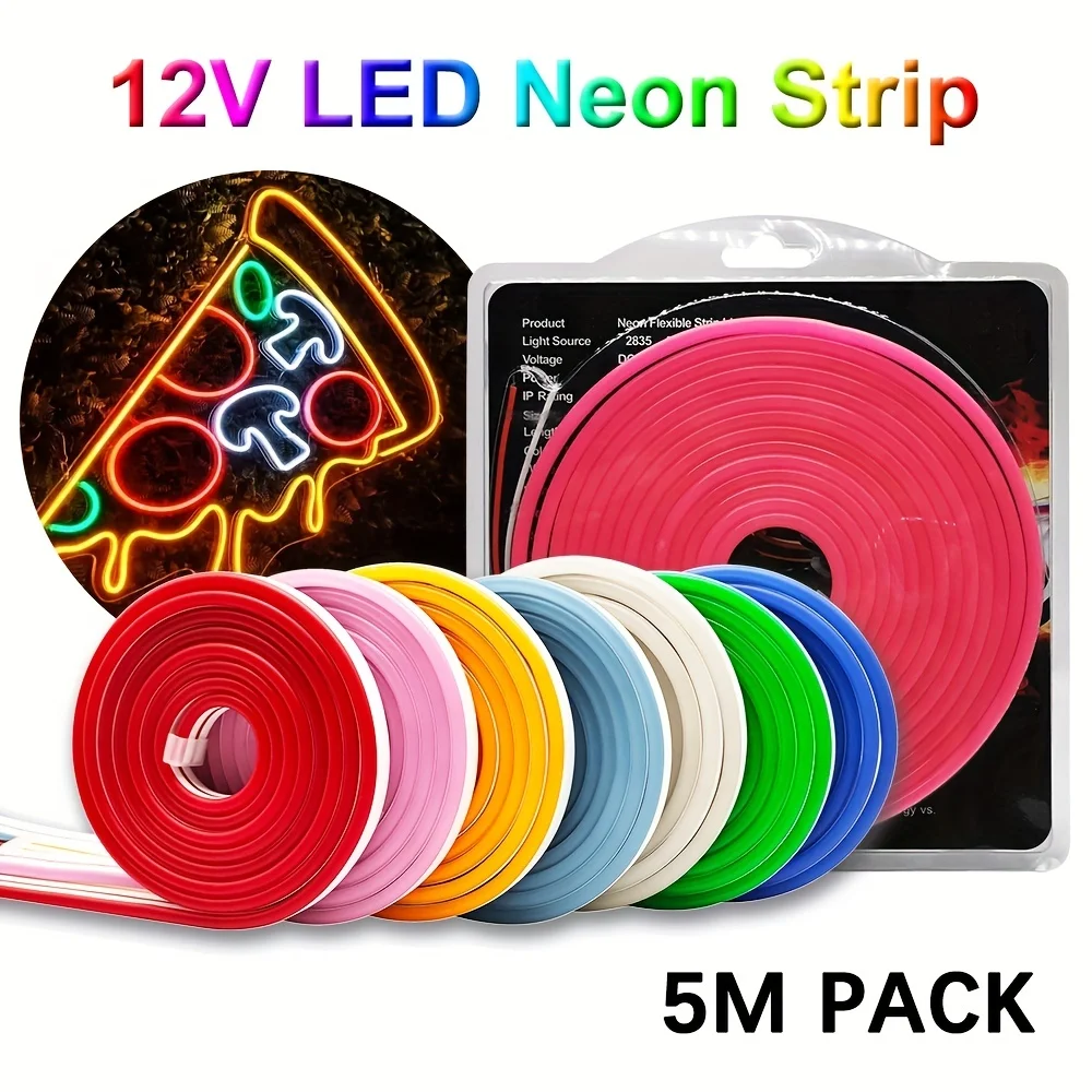Luz de neón de silicona resistente al agua, tira de luces LED Flexible de un solo Color para dormitorio, sala de estar, fiesta, decoración DIY, 5M, 12V