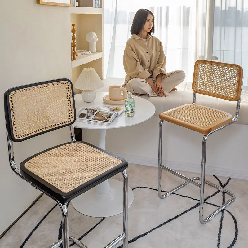 Nordic Solid Wood Rattan Bar Chair Home High Stool Simple Retro Bar Chair Front Desk High Chair Furniture