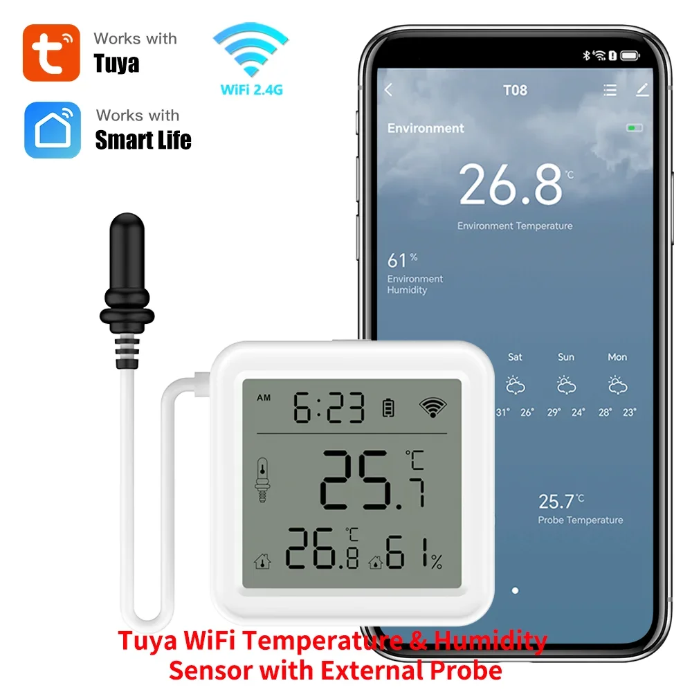 Tuya wifi sensor de umidade temperatura com sonda externa para casa inteligente higrômetro app monitoramento para plantas aquário vinery