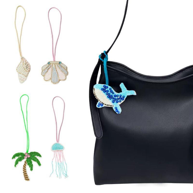 LLavero de cuerda colgante de ballena, árbol de coco, estrella de mar, parches de cuentas de diamantes de imitación hechos a mano en 3d, bolsa de cristal, cordón, decoración colgante