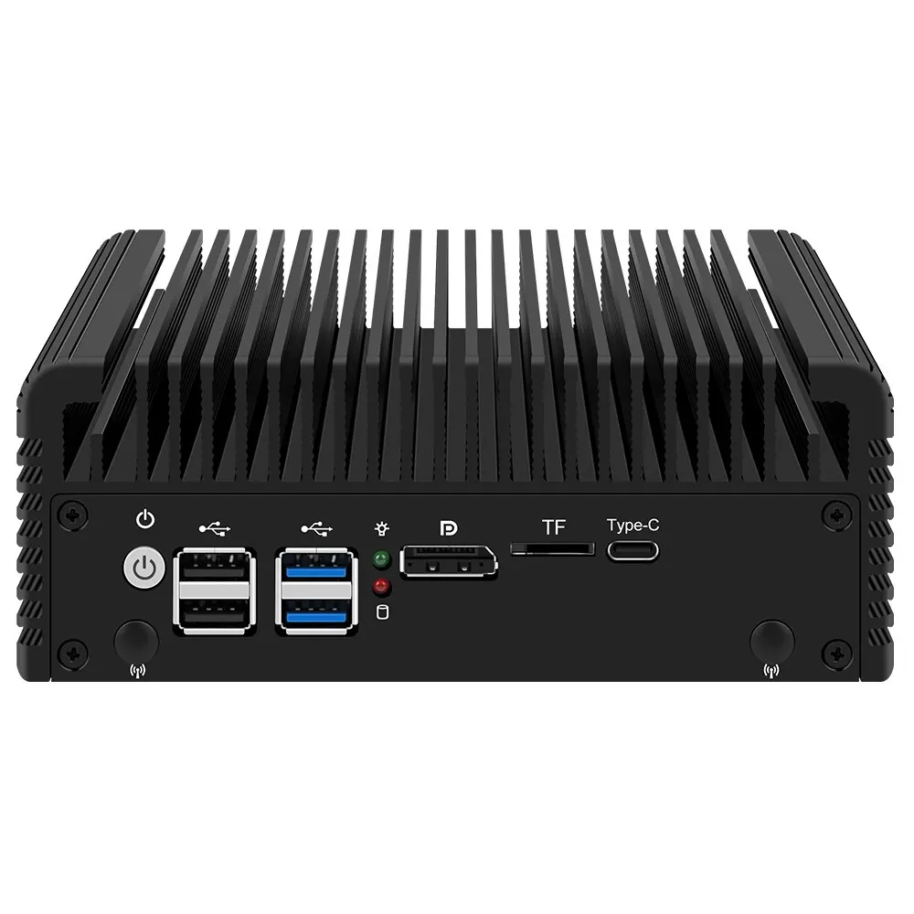 Lüfterloses N150 i3 N355 Industrial Mini PC Firewall Appliance 4*2.5Gbe i225 LAN POE 2xHDMI2.1 1xDP1.4 1xType-C Home Network Pfsense