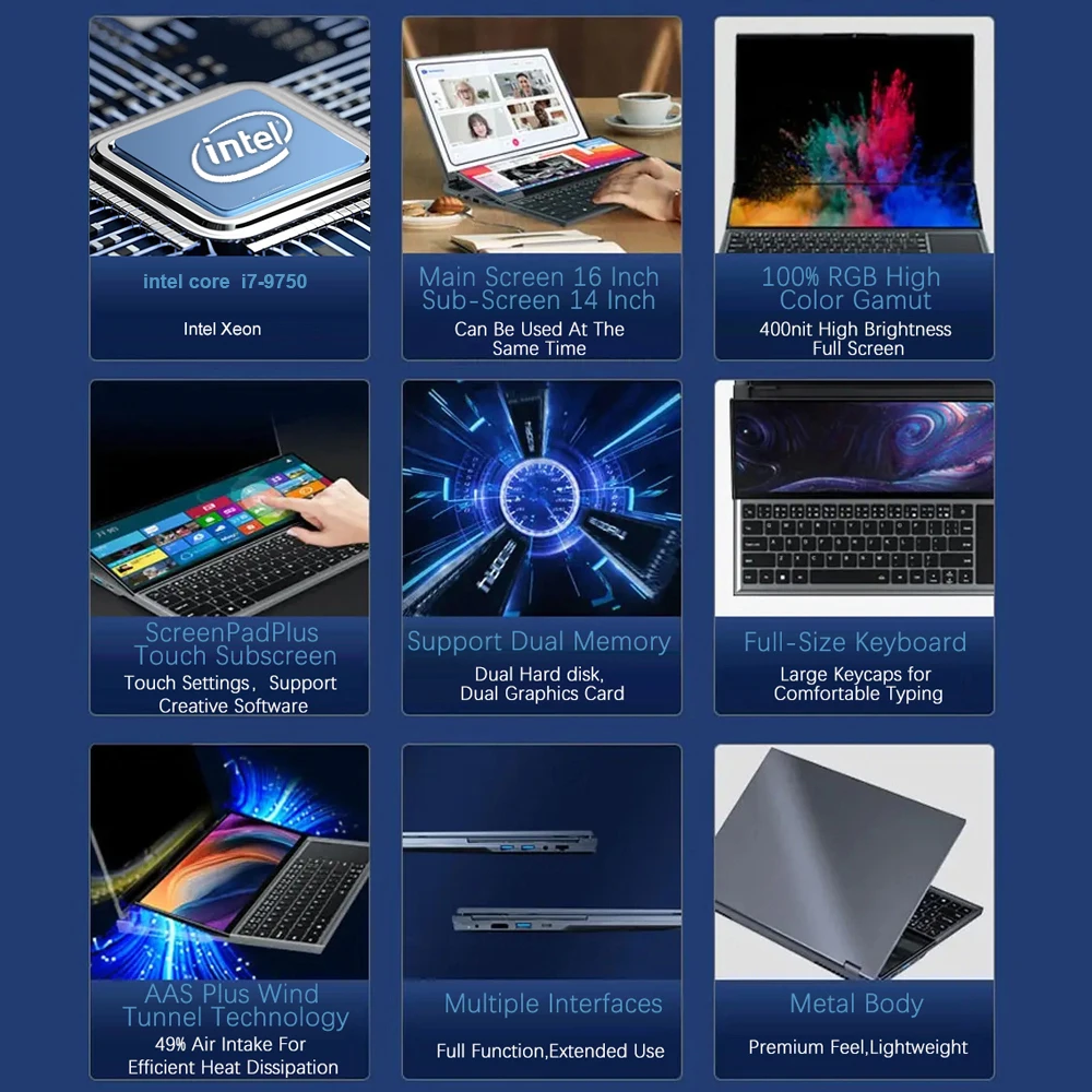 CRELANDER X16 Double Screen Laptops 16 Inch + 14 Inch Touch Screen intel core  i7-9750 Windows 11 Portable PC Notebook Computer