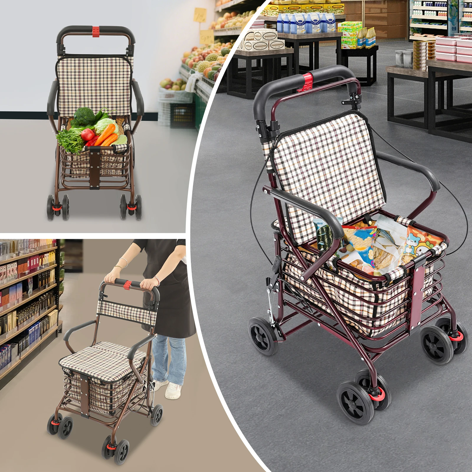 Storage Cart for Olders with Seat Foldable Rolling Walker for Seniors Walking Aids with Seat