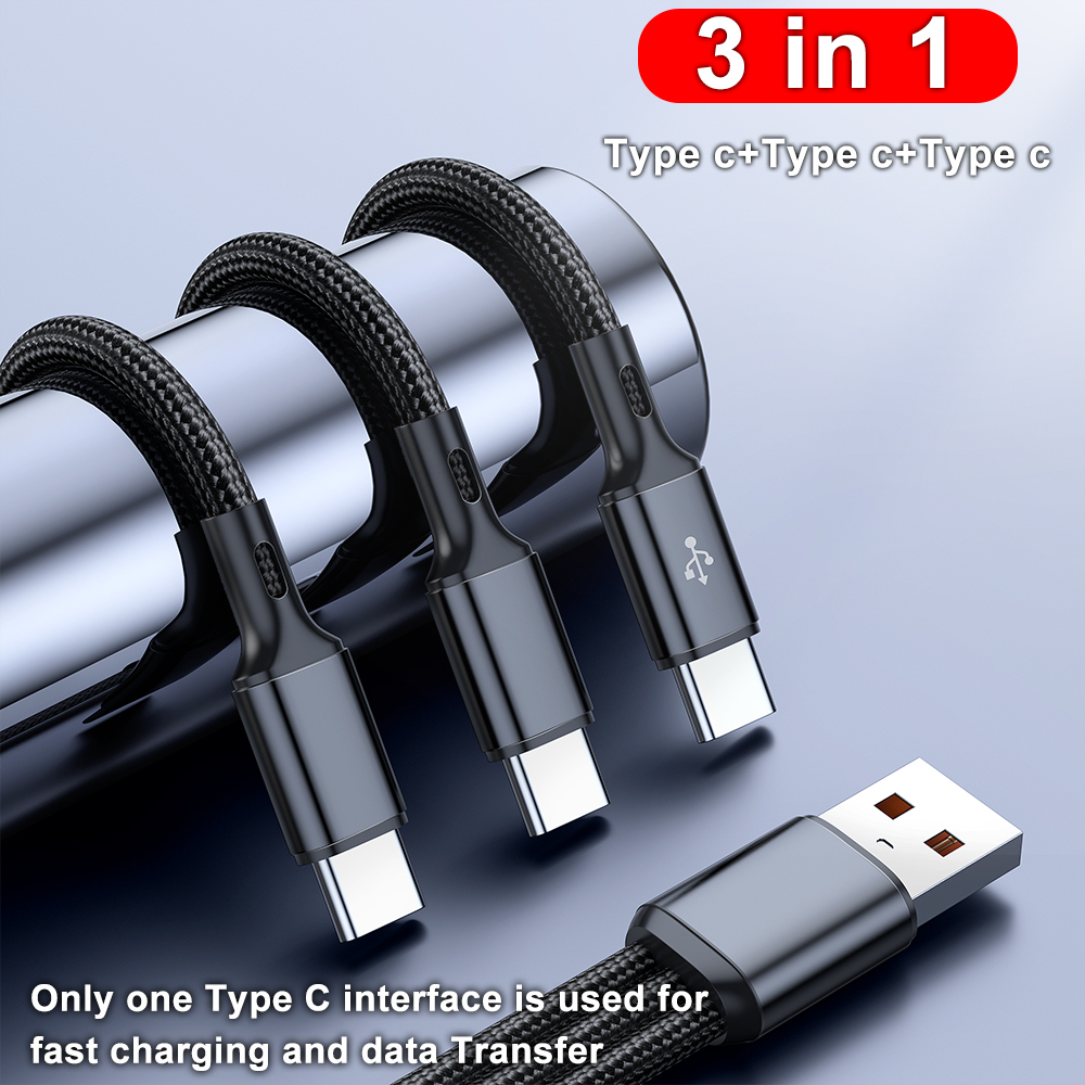 3 In 1 USB-Typ C 100 W Schnellladung USB A-3Typ-C Datenkabel für Samsung S24 Xiaomi Huawei Android USB C Datenübertragungskabel