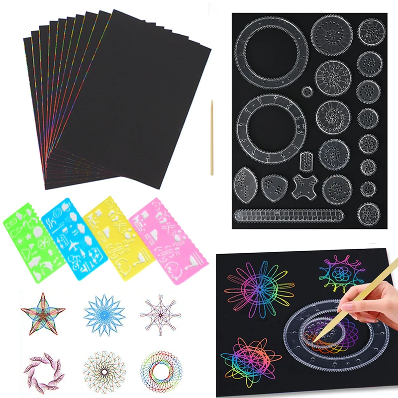 Juego de dibujo de espirógrafo de engranaje clásico, plantillas de pintura geométrica, reglas, papel de arcoíris para rascar, juguetes educativos creativos para niños, regalo