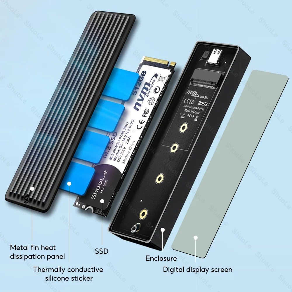 M.2 NVMe SATA SSD Enclosure Visual Smart SSD Case USB 3.2 Gen 2 10Gbps NVMe PCI-E 20Gpbs