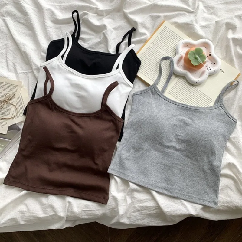 Women's Solid Color Spaghetti Straps Sleeveless Slim Camisole with Chest Pad Cotton Summer Wear Outside Female Short Tops Vests