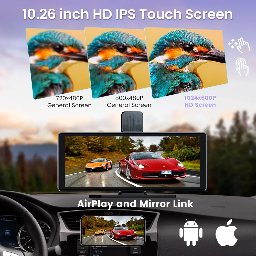 Aprilboy C4 4K 360 °   Cámara de salpicadero de rotación con pantalla inteligente de 10,26 "para coche, CarPlay inalámbrico y Android Auto AUX FM Bluetooth WIFI