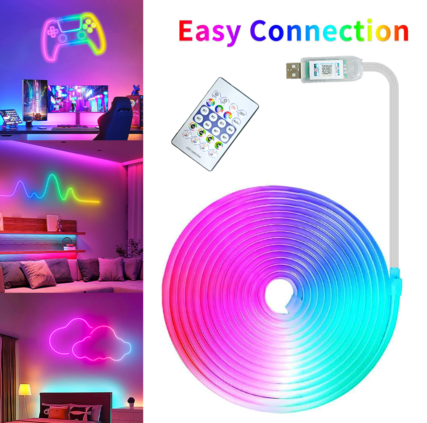 5V neon strip lamp, RGBIC Bluetooth neon Led strip lamp, 2M, 2M 3M 5M LED flexible strip lamp are used for room wall decoration.