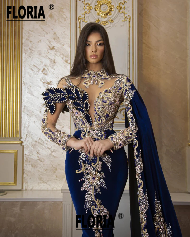 หรูหราคริสตัล Beadings กํามะหยี่ชุดราตรีอย่างเป็นทางการ ROYAL BLUE Couture Long Cape ดูไบ Appliques PARTY ชุดราตรี Vestidos Gala
