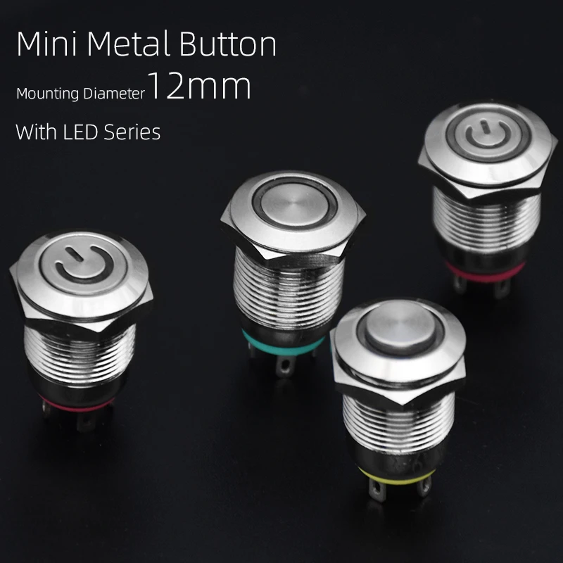 Interruptor de botón de Metal resistente al agua de 12mm, luz LED con bloqueo momentáneo, interruptor de alimentación de PC para motor de coche, símbolo de anillo de 3V, 5V, 12V, 24V, 220V