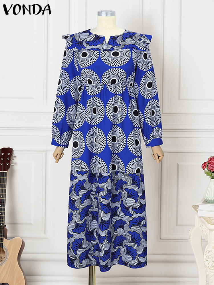 プラスサイズ 5XL VONDA ボヘミアンプリントロングドレス女性ロングランタンスリーブ Vestidos エレガントな V ネックサンドレスホリデーローブファム