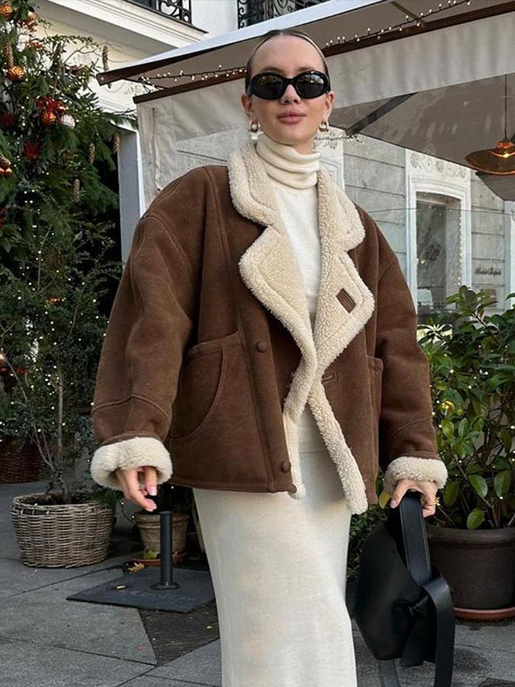 Vintage Faux Leder Warme Mantel Dicken Flauschigen Spleißen Großen Revers Mäntel Weibliche Lange Hülse Oberbekleidung Winter Dame Straße Jacken