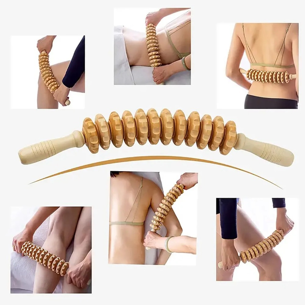 Massageador de fáscia corporal, alça antiderrapante, braço de engrenagem com ranhura de madeira, perna, coxa, massageador de rolo liso de quadril, usado para relaxamento nas costas