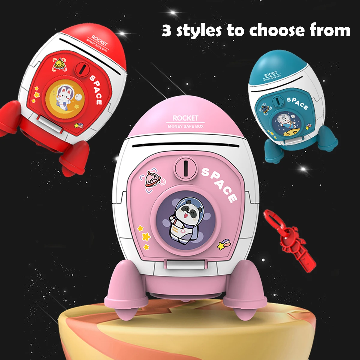 Piggy Bank Toys, Rocket Spacecraft Large Capacity Key Unlocking Puzzle Toy 3 Color could be Chosen, Gifts for 3+ Boys and Girls