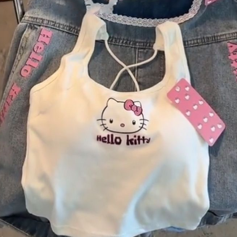 Sanrio Modekleidung Hello Kitty Top mit Brustpolster Süßes Mädchen Sommer Cool Cut Top Weiß Sexy Hosenträger Mädchen Geburtstagsgeschenk
