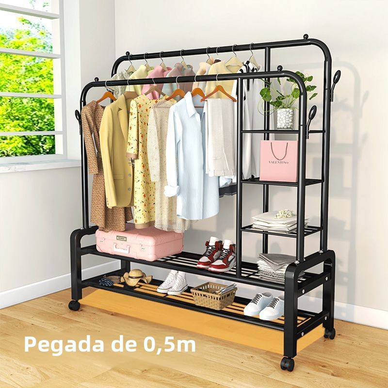 Varal de Chão Simples com Haste Dupla para Roupas, Suporte de Ferro para Armazenamento Interno, Prateleira para Quarto e Varanda