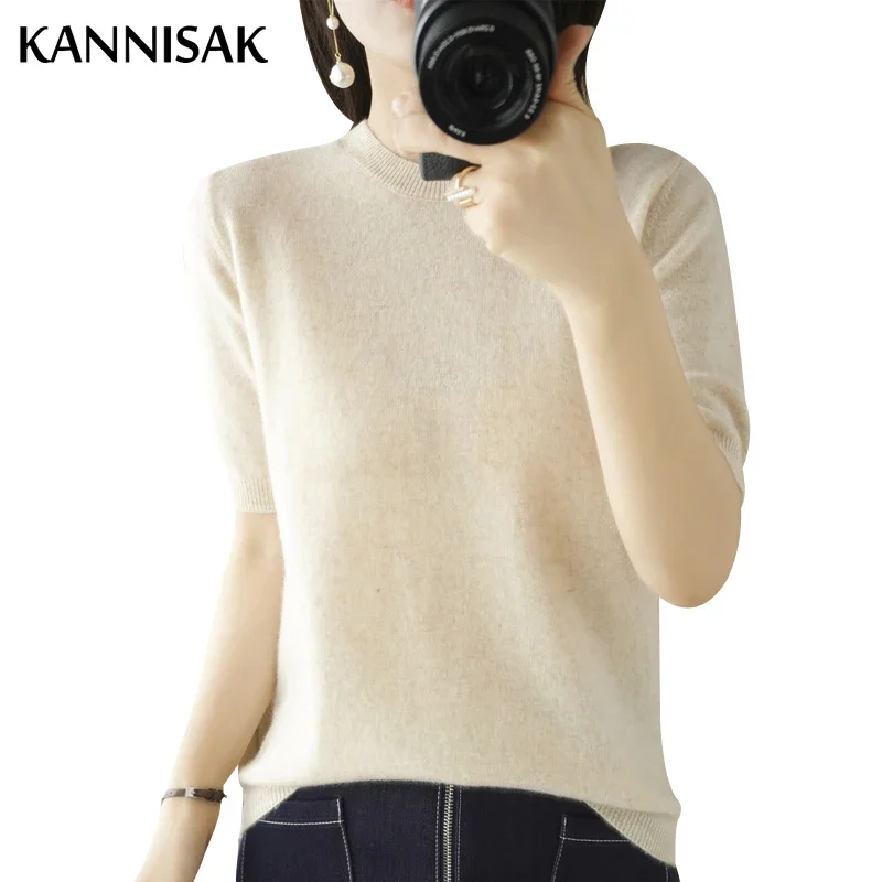 2024 ฤดูใบไม้ผลิฤดูร้อนผู้หญิงเสื้อกันหนาวแขนสั้น O-คอ SLIM FIT ถัก Pullovers Bottoming Casual เสื้อถัก CAMEL เสื้อผ้าสีชมพู