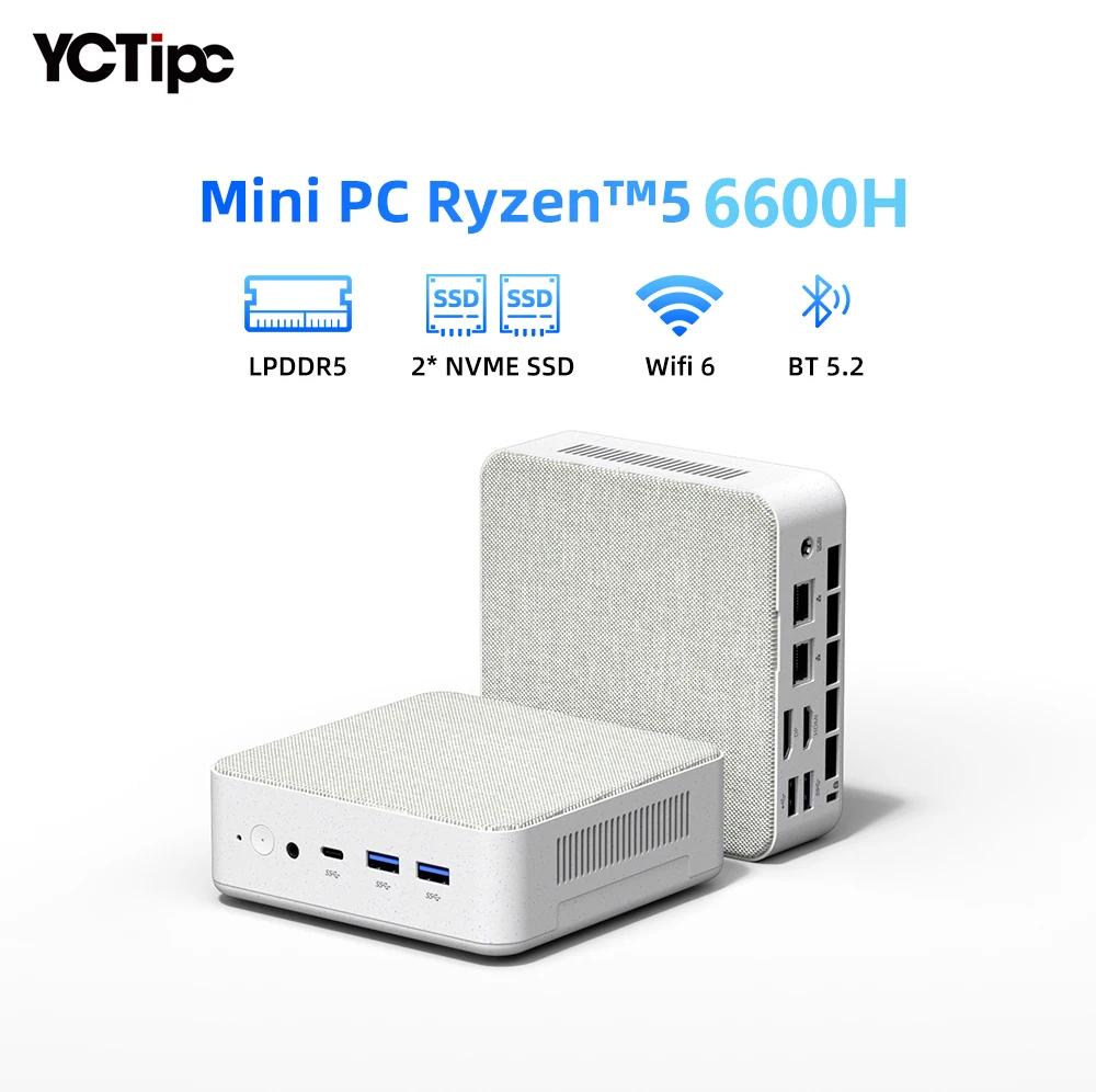 YCTipc Mini PC AMD R5 6600H 6-core 12-thread Computer 16GB DDR5 512GB PCIe 3.0 SSD WiFi 6 BT5.2 Mini PC Desktop Computer